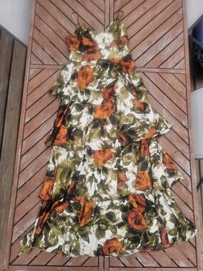 Skies Are Blue Olive & Orange Floral Tiered Dress